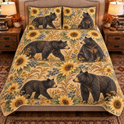 warm ochre american black bear and sunflower quilt set, front view