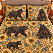 warm ochre american black bear and sunflower quilt set, closeup view