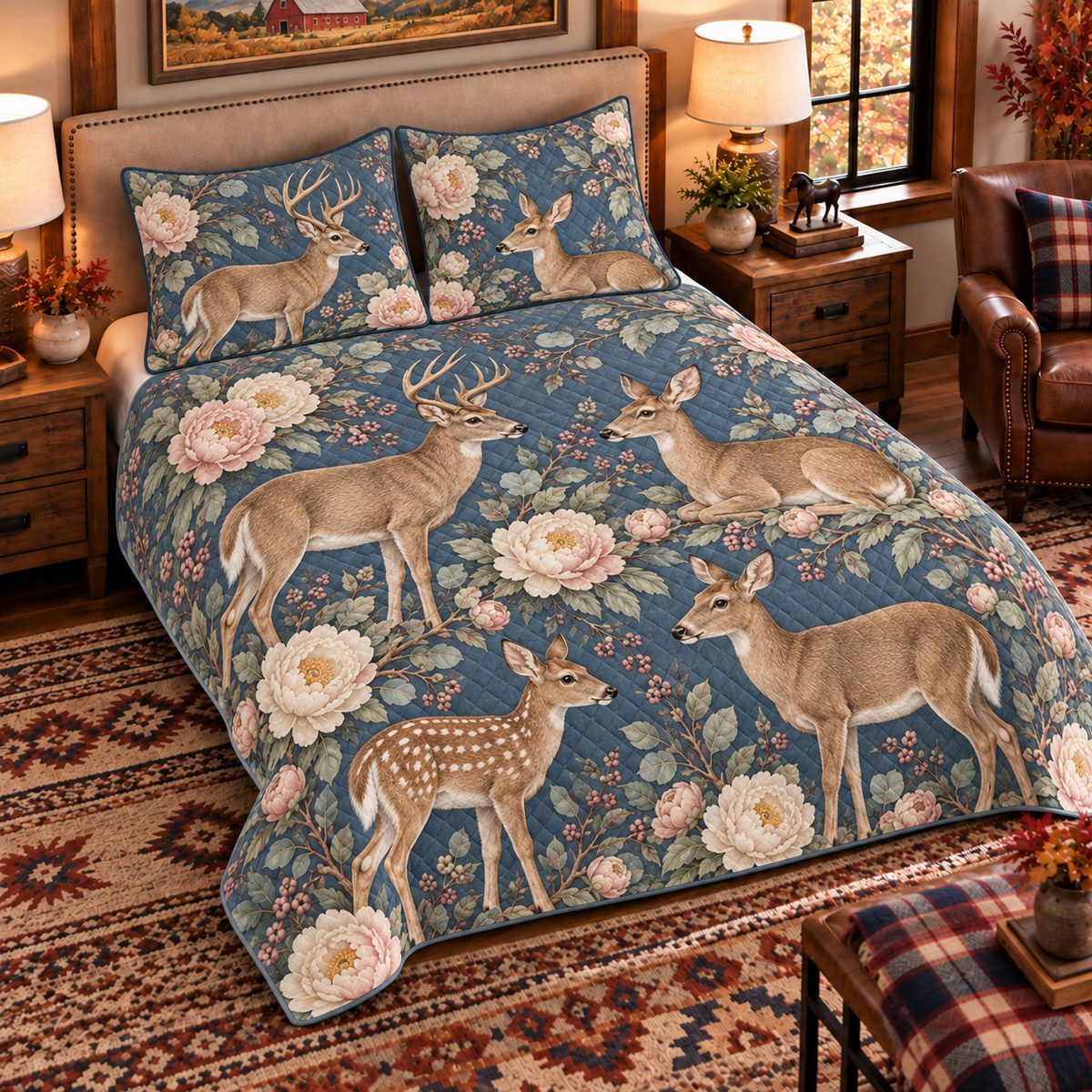 slate blue white-tailed deer and peony quilt set, left angle hero view