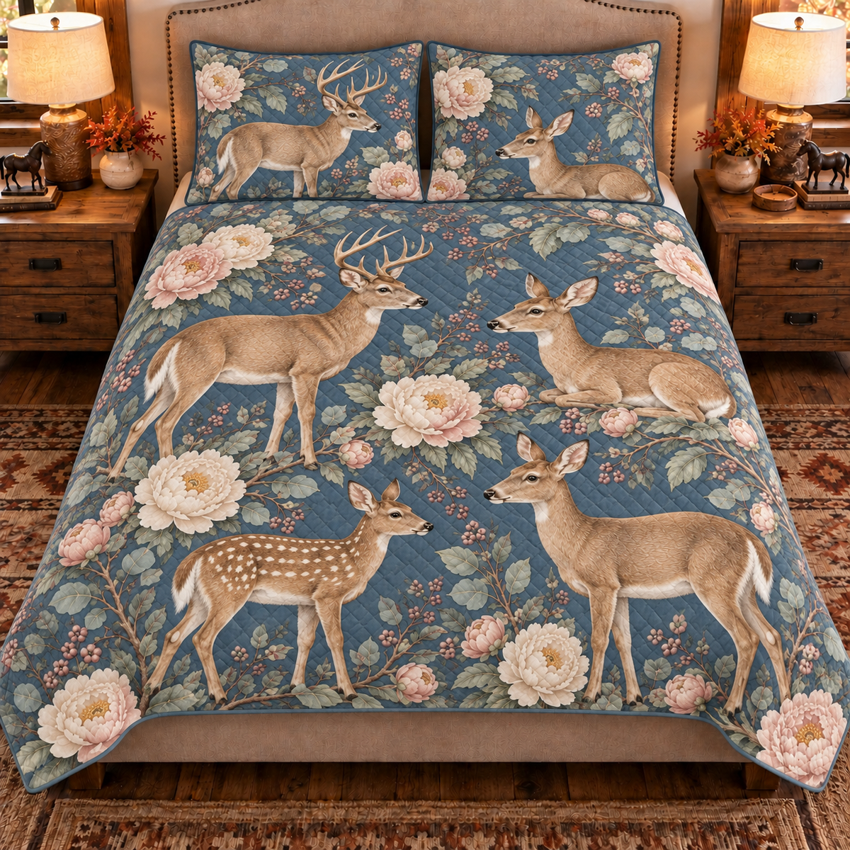 slate blue white-tailed deer and peony quilt set, front view