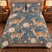 slate blue white-tailed deer and peony quilt set, front view