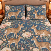 slate blue white-tailed deer and peony quilt set, closeup view