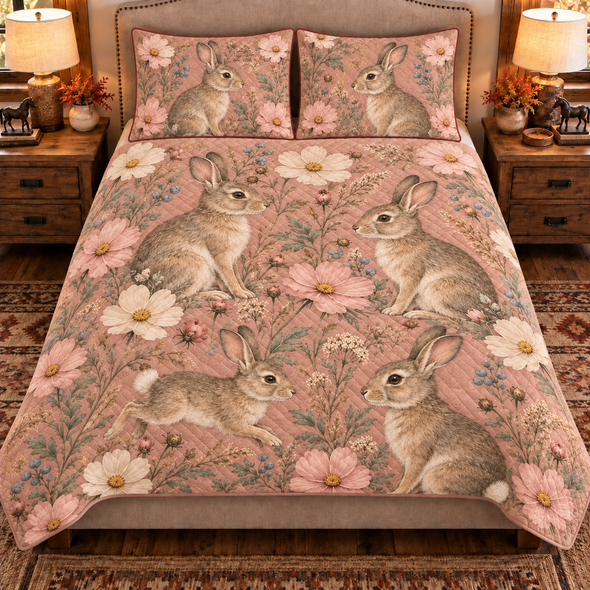 dusty rose cottontail rabbit and cosmos quilt set, front view
