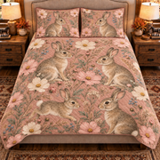 dusty rose cottontail rabbit and cosmos quilt set, front view