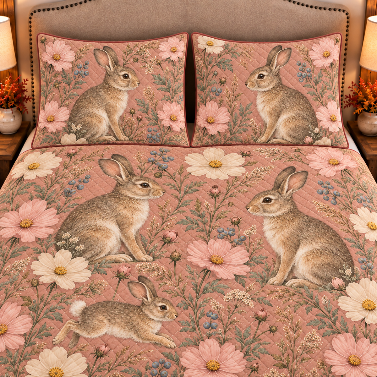 dusty rose cottontail rabbit and cosmos quilt set, closeup view