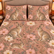 dusty rose cottontail rabbit and cosmos quilt set, closeup view