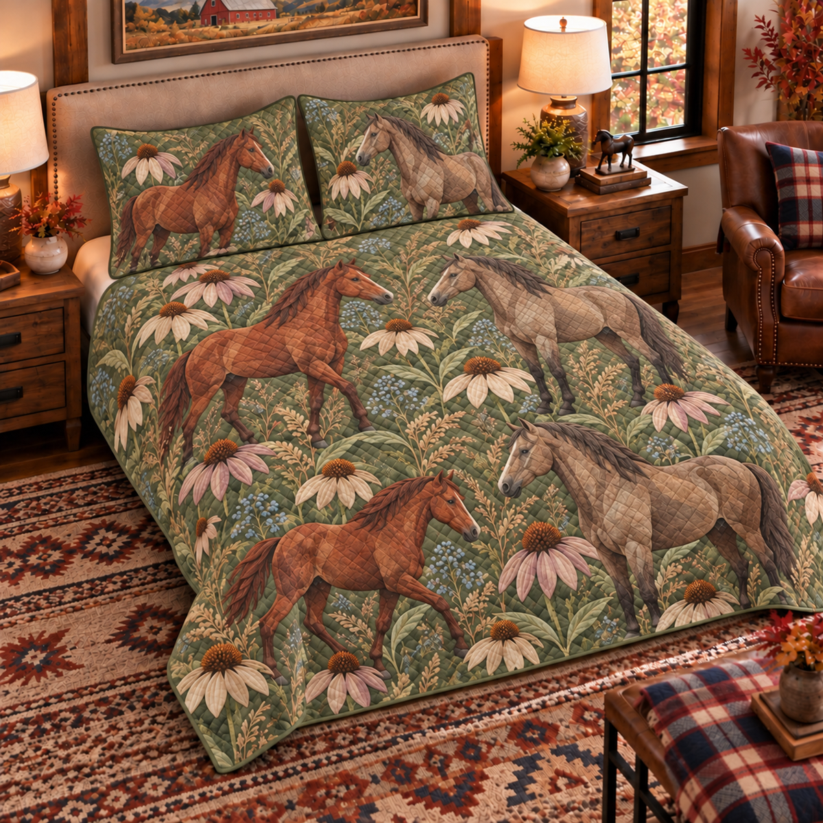 muted olive horse and echinacea quilt set, left angle hero view