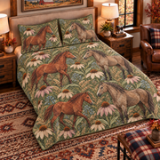 muted olive horse and echinacea quilt set, left angle hero view