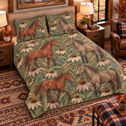 Muted Olive Horse and Echinacea Quilt Set, Gift for Horse and Echinacea Lovers