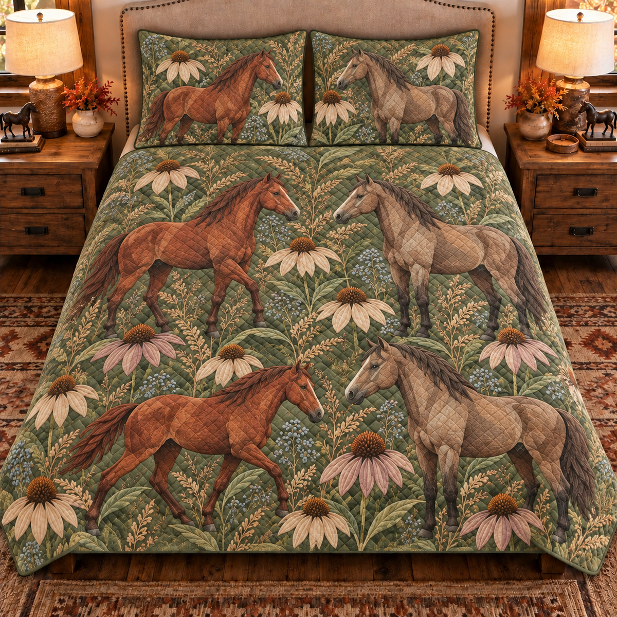 muted olive horse and echinacea quilt set, front view