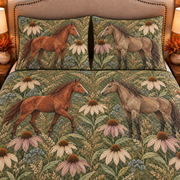 muted olive horse and echinacea quilt set, closeup view