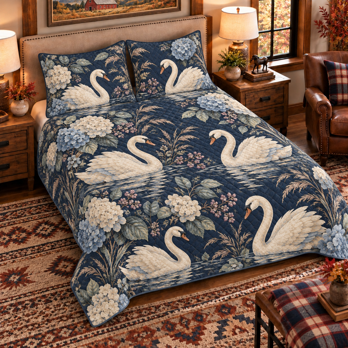 muted navy swan and hydrangea quilt set, left angle hero view