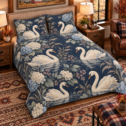 Muted Navy Swan and Hydrangea Quilt Set, Gift for Swan and Hydrangea Lovers
