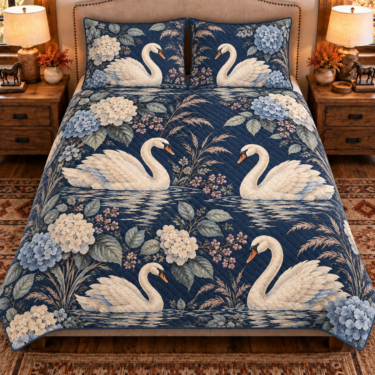 muted navy swan and hydrangea quilt set, front view