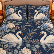 muted navy swan and hydrangea quilt set, closeup view