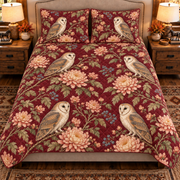 Muted burgundy barn owl and chrysanthemum quilt set, front view