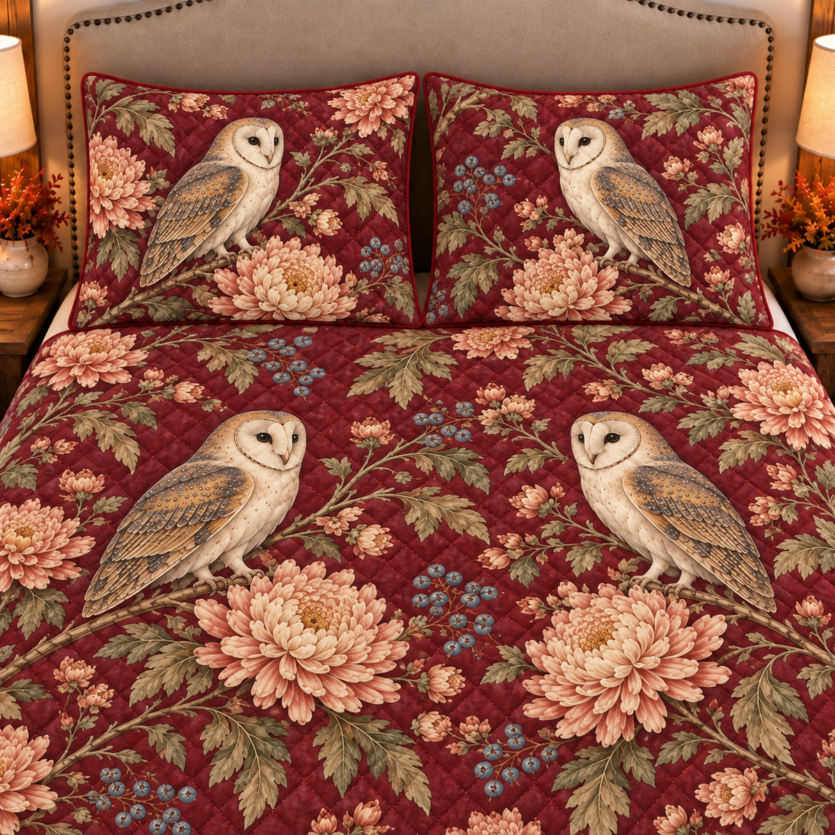 Muted burgundy barn owl and chrysanthemum quilt set, closeup view