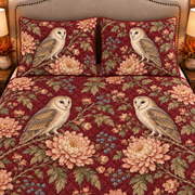 Muted burgundy barn owl and chrysanthemum quilt set, closeup view