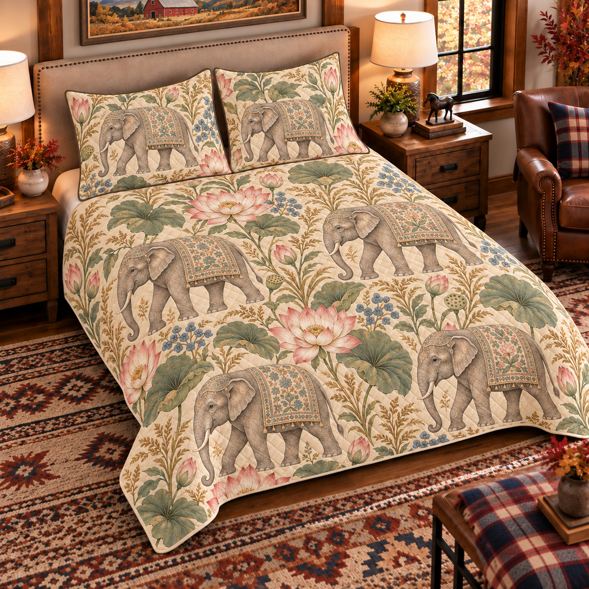 Warm sand Asian elephant and lotus quilt set, left angle hero view