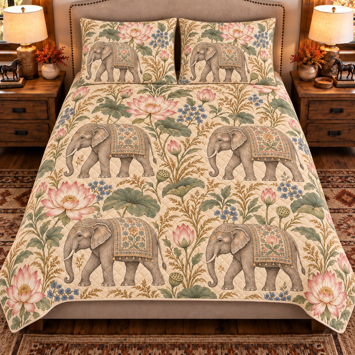 Warm sand Asian elephant and lotus quilt set, front view