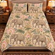 Warm sand Asian elephant and lotus quilt set, front view