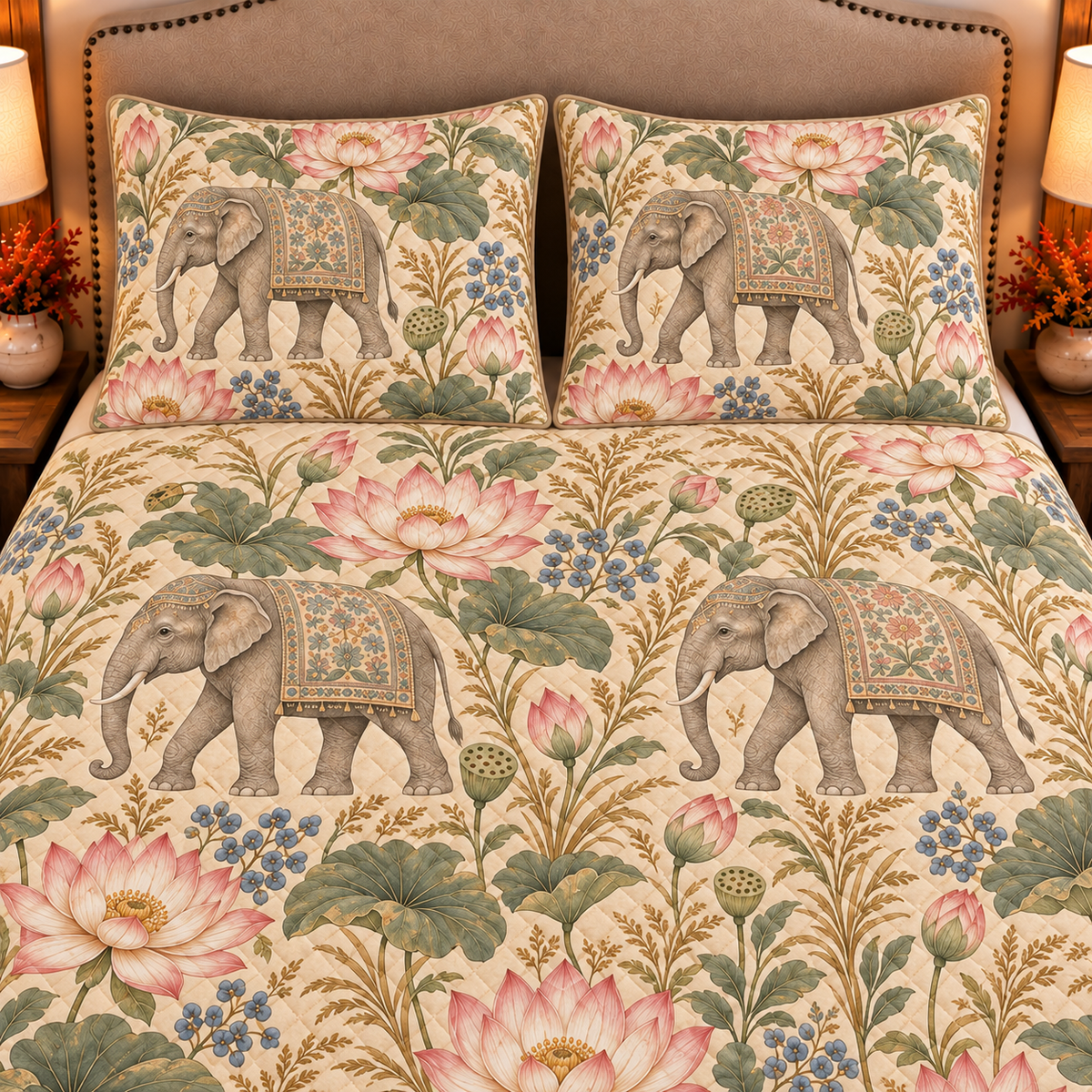 Warm sand Asian elephant and lotus quilt set, closeup view