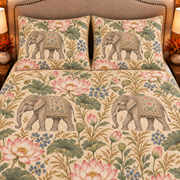 Warm sand Asian elephant and lotus quilt set, closeup view