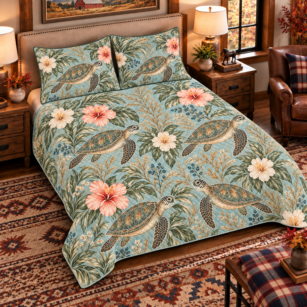 Muted seafoam green sea turtle and hibiscus quilt set, left angle hero view