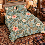 Muted seafoam green sea turtle and hibiscus quilt set, left angle hero view