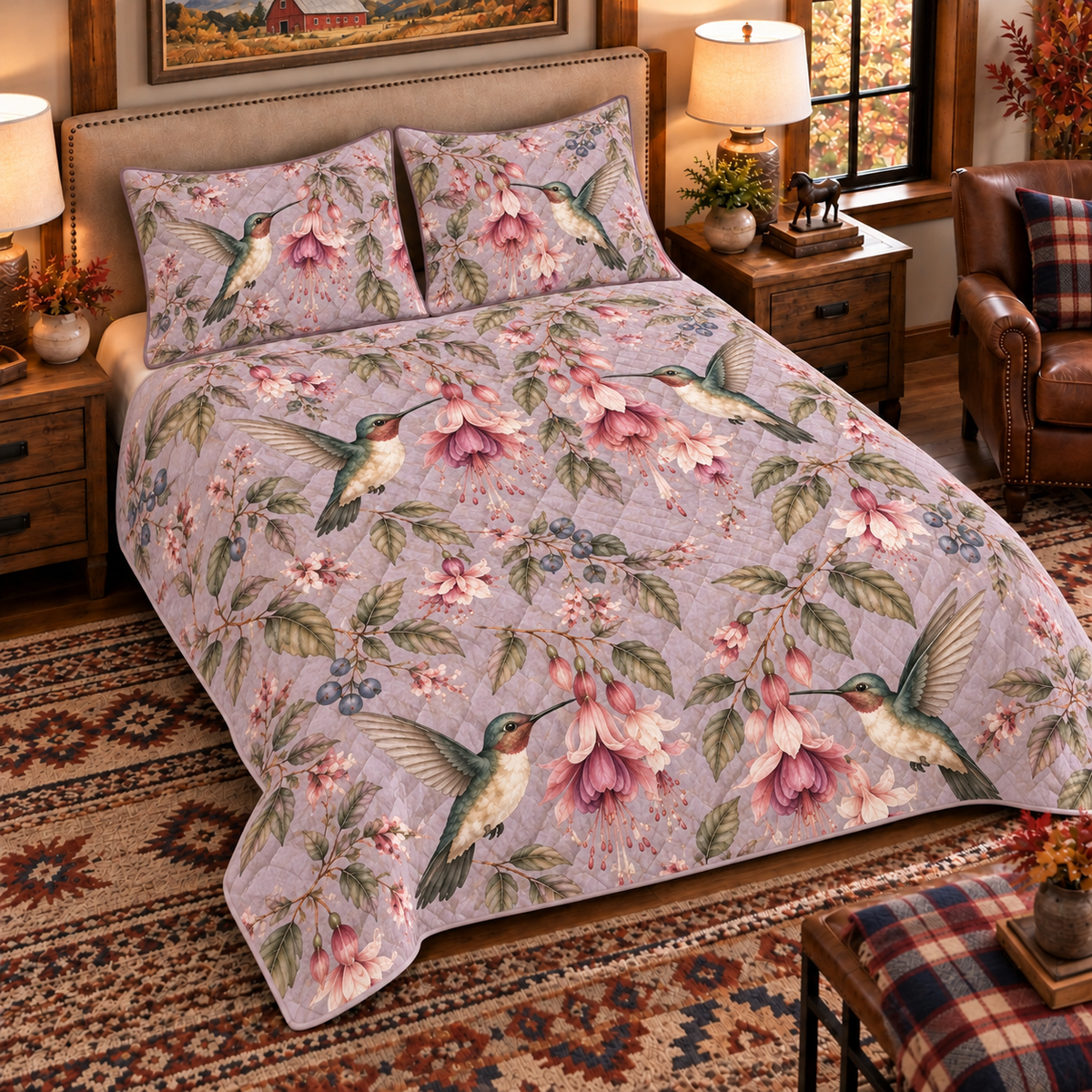 Dusty lavender hummingbird and fuchsia quilt set, left angle hero view