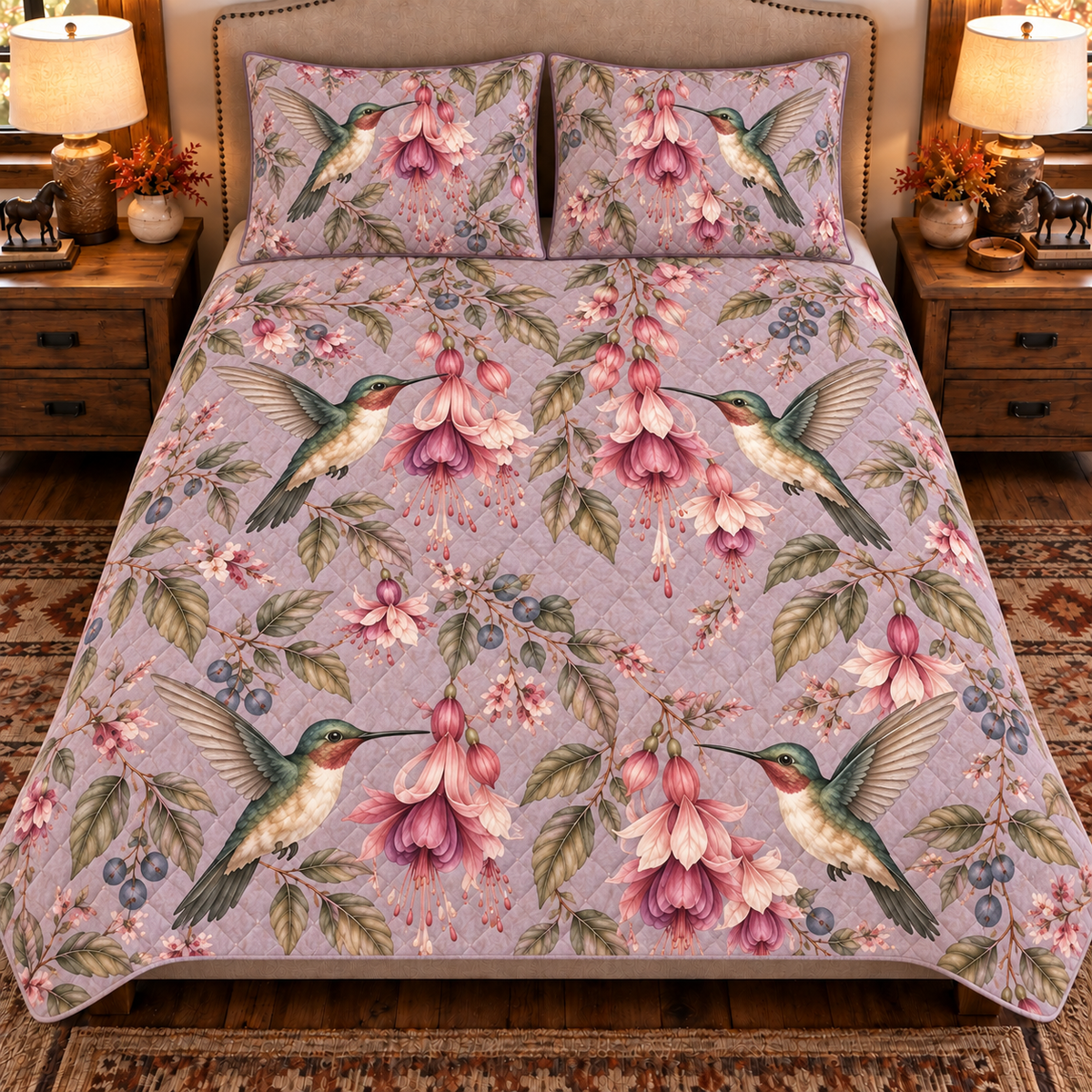Dusty lavender hummingbird and fuchsia quilt set, front view