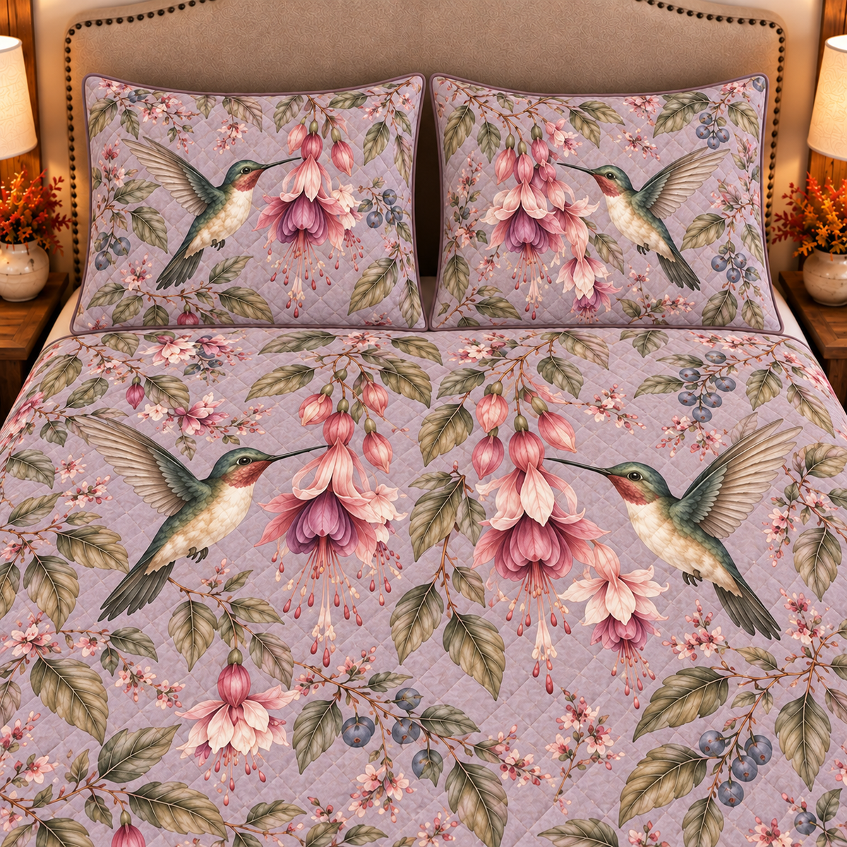 Dusty lavender hummingbird and fuchsia quilt set, closeup view