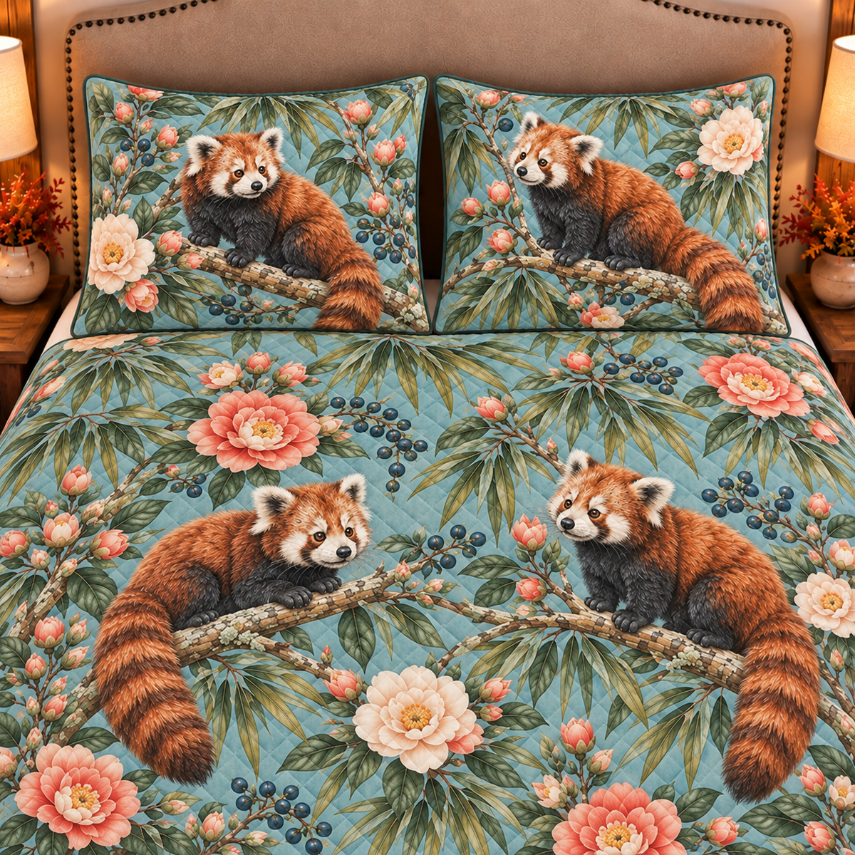Red panda and camellia quilt set closeup