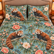 Red panda and camellia quilt set closeup