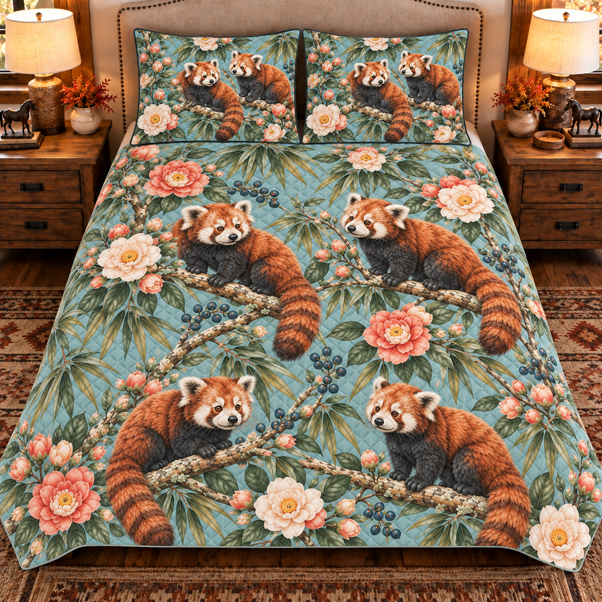 Red panda and camellia quilt set front view