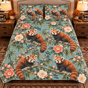 Red panda and camellia quilt set front view