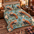 Smoky Aqua Red Panda and Camellia Quilt Set, Gift for Red Panda and Camellia Lovers