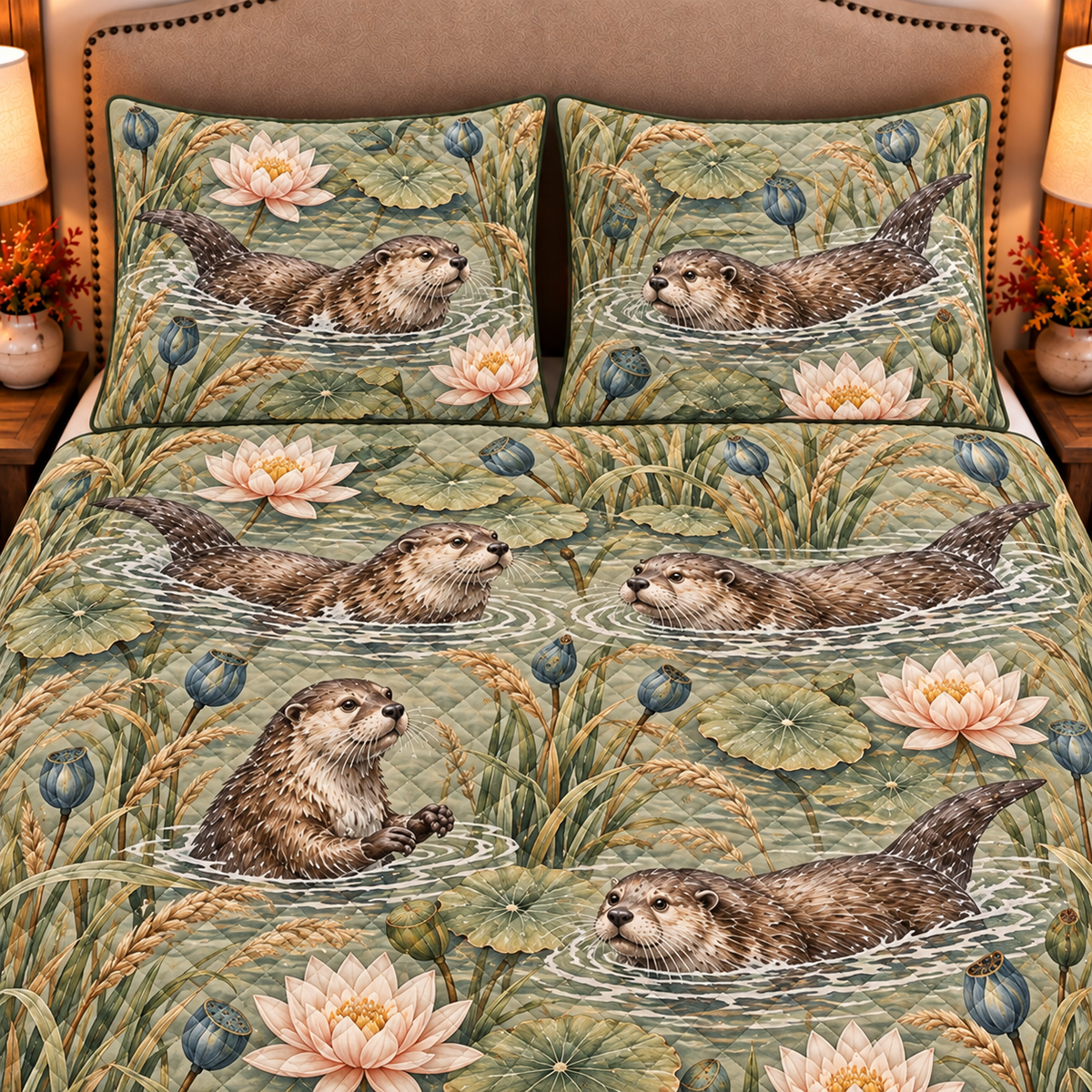 Otter and water lily quilt set closeup