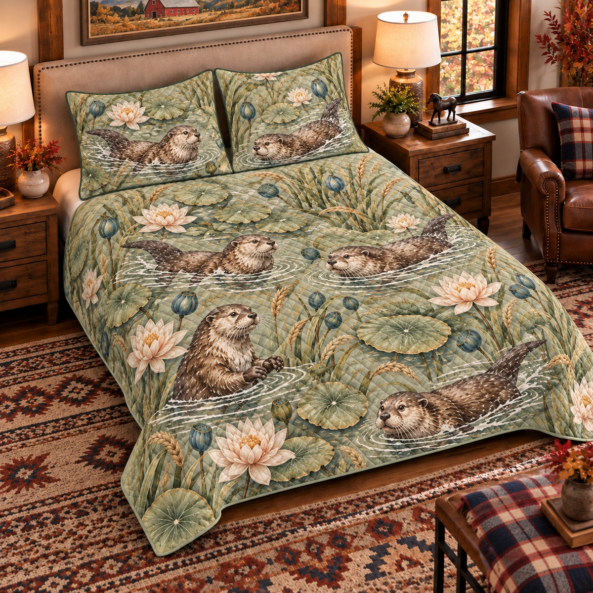 Otter and water lily quilt set left angle
