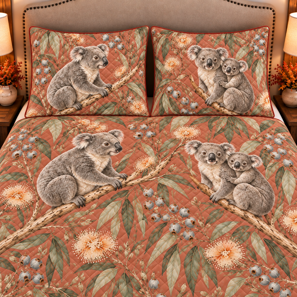 Koala and eucalyptus quilt set closeup