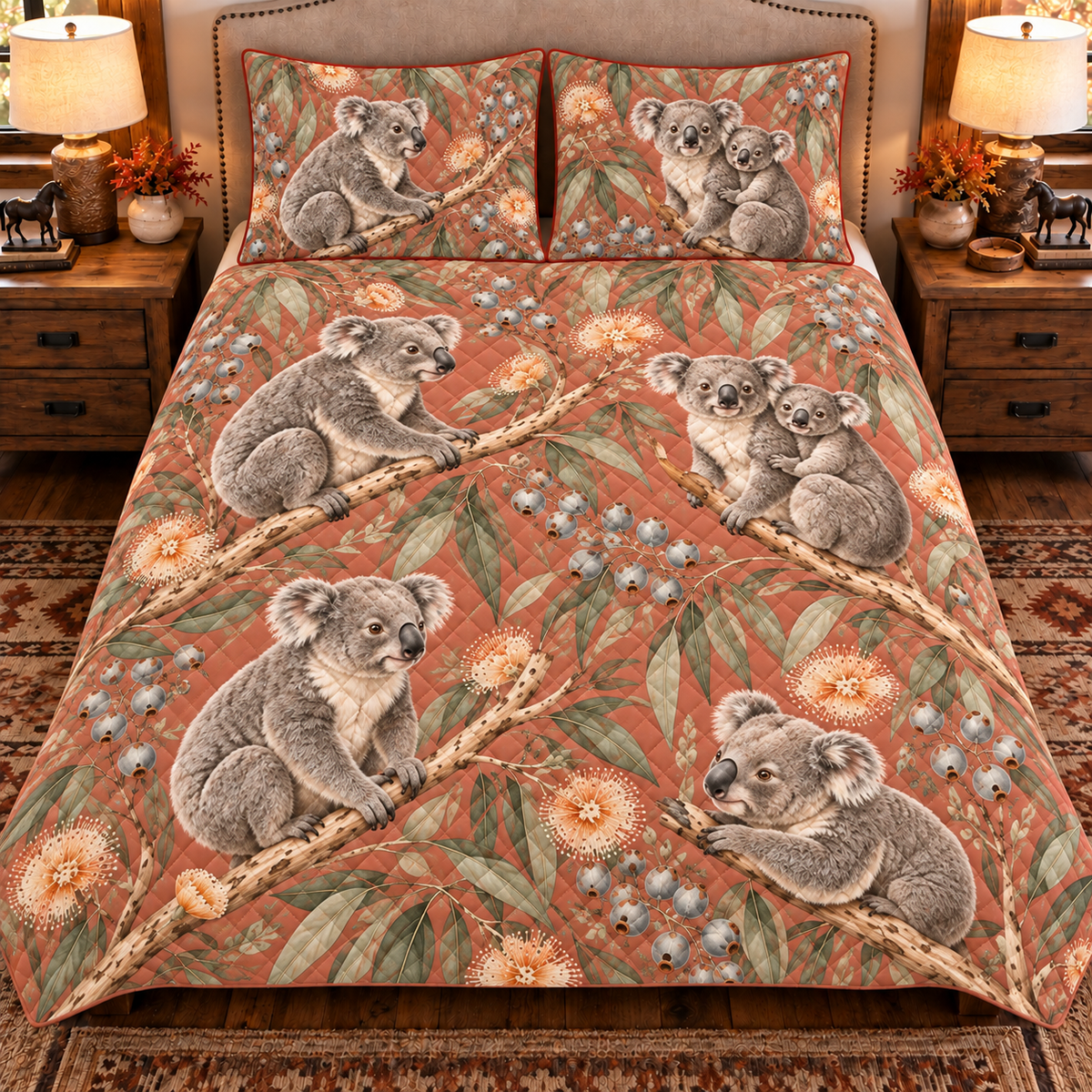 Koala and eucalyptus quilt set front view