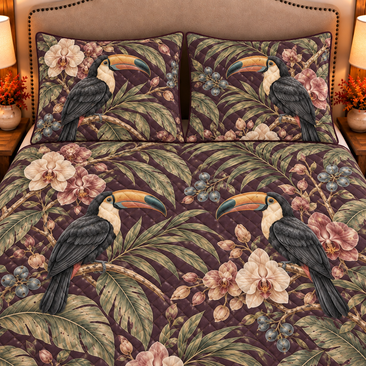 Toucan and orchid quilt set closeup