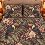 Toucan and orchid quilt set closeup