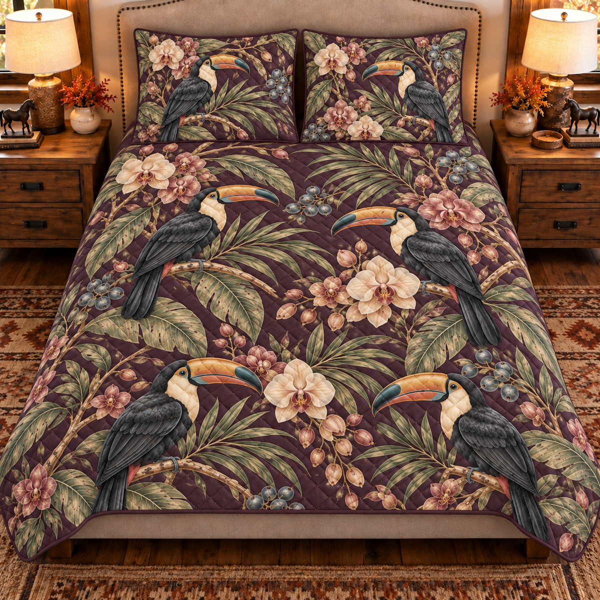 Toucan and orchid quilt set front view