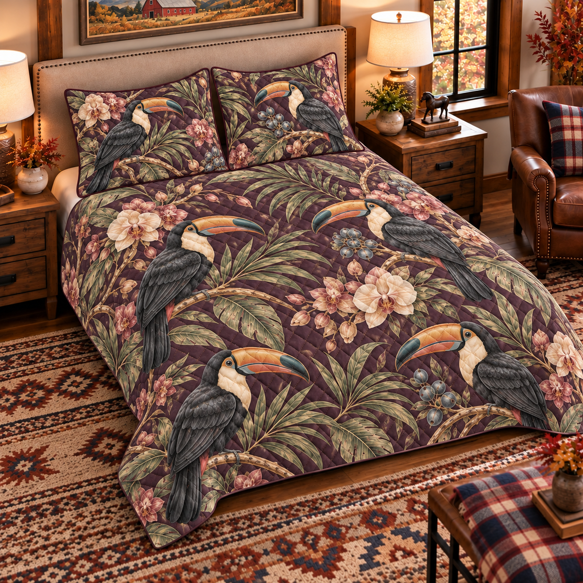 Toucan and orchid quilt set left angle