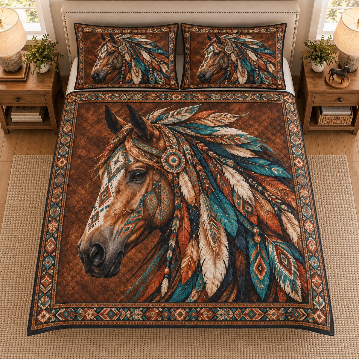 Boho Horse Feather Western Quilt Set – artwork detail