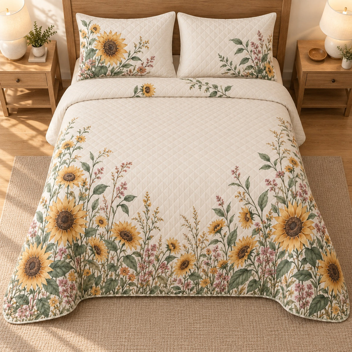AI mockup, high overhead bedroom view of a sunflower quilt with sunflower meadow clusters on cream and two matching printed pillow covers.