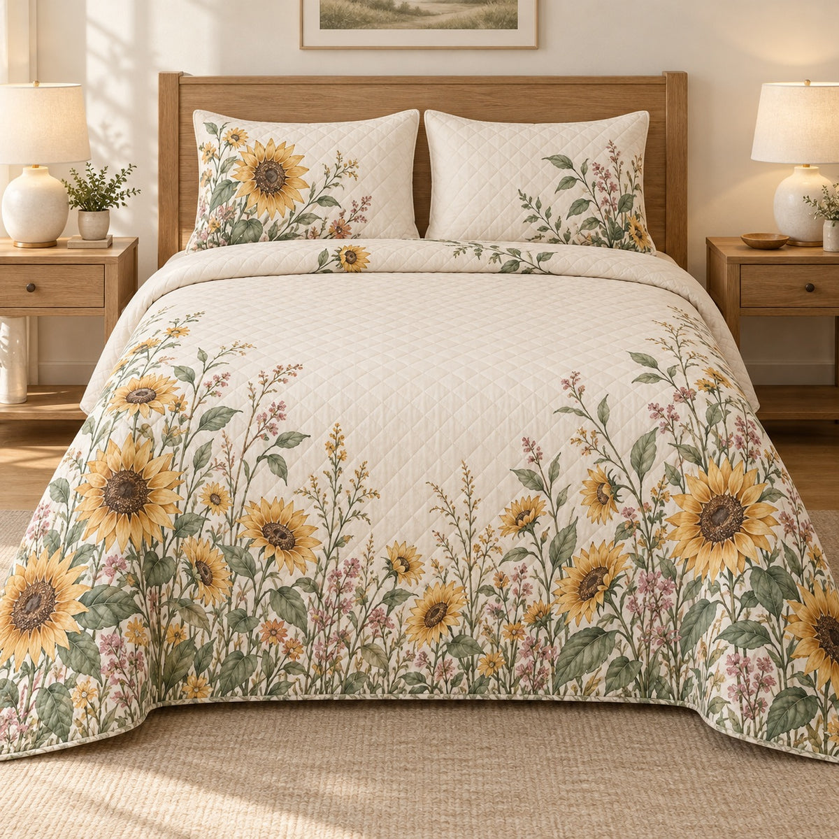 AI mockup, front bedroom view of a sunflower quilt with sunflower meadow clusters on cream and two matching printed pillow covers.