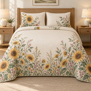 AI mockup, front bedroom view of a sunflower quilt with sunflower meadow clusters on cream and two matching printed pillow covers.