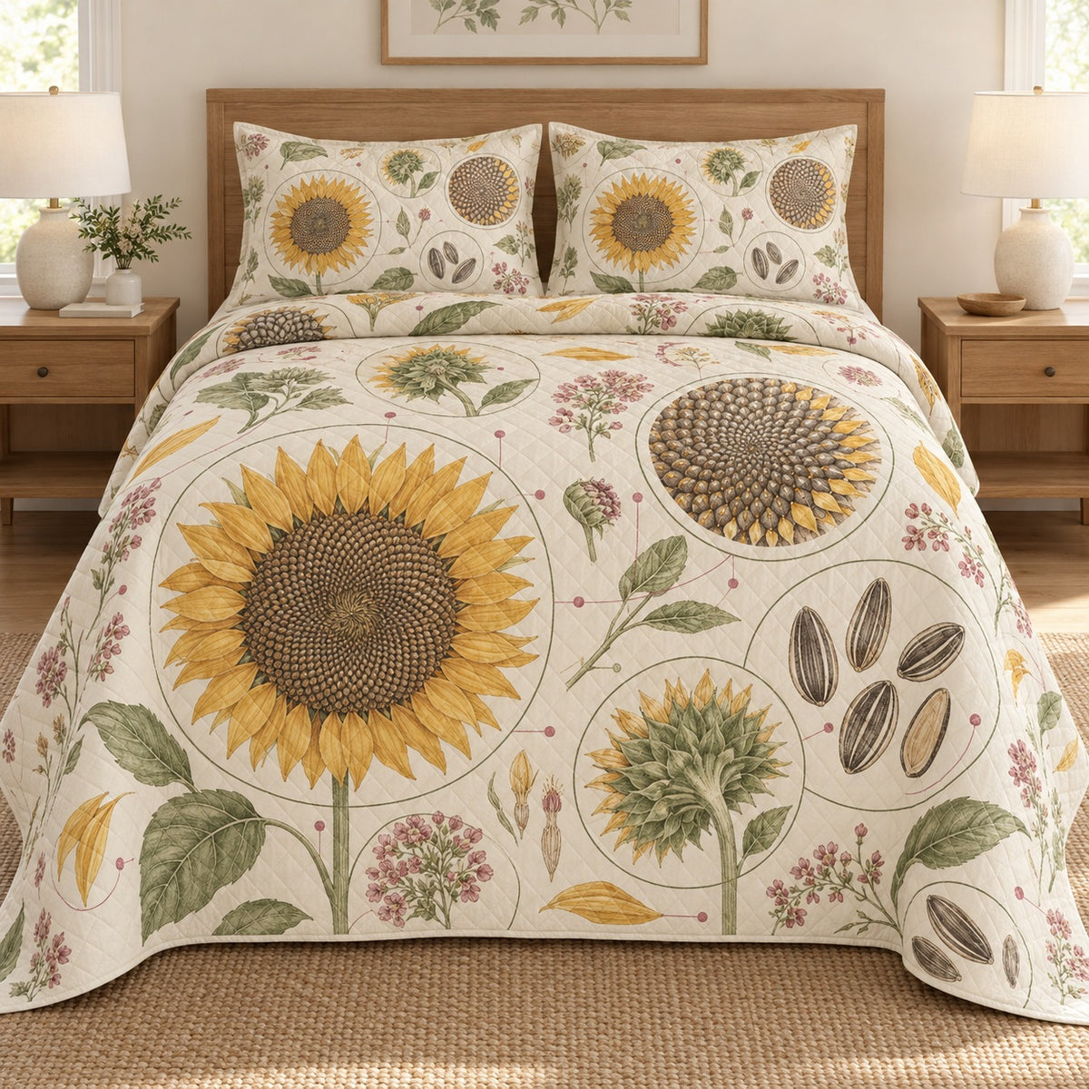 AI mockup, front bedroom view of a sunflower quilt with sunflower blooms and circular botanical seed studies and two matching printed pillow covers.